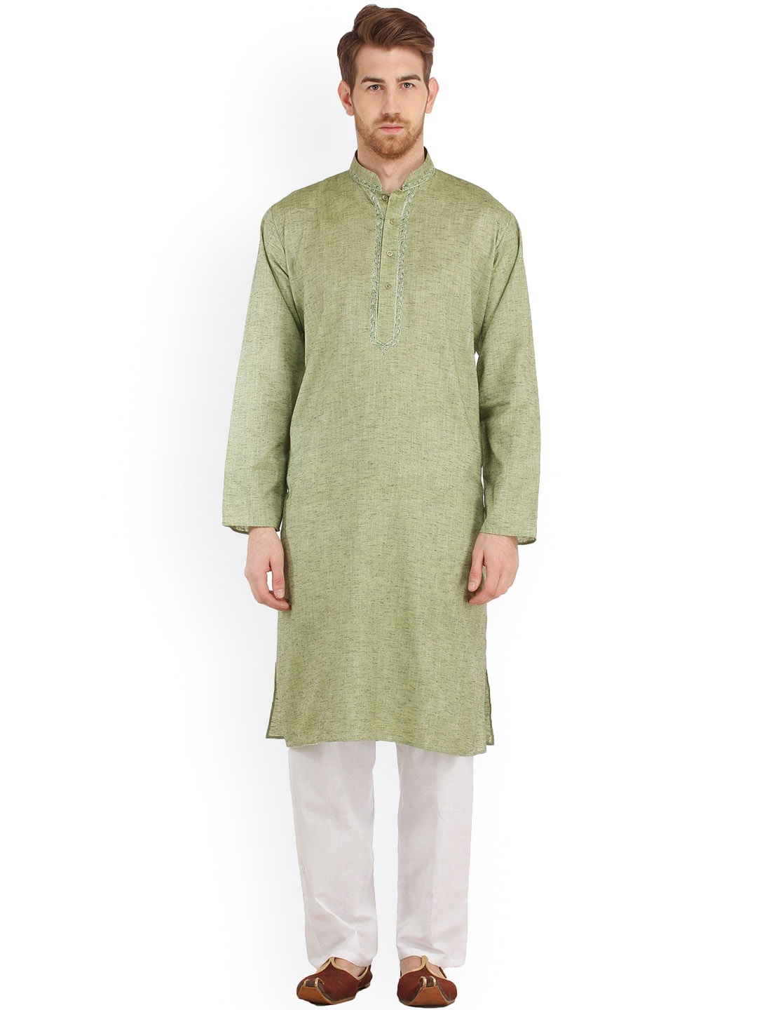 

Exotic India Men Embroidered Pure Cotton Kurta with Pyjamas, Green