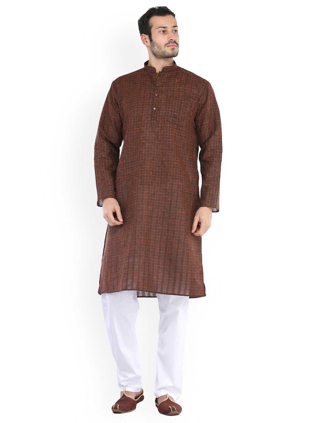 

Exotic India Pure Cotton Kurta Pajama with Woven Checks, Brown