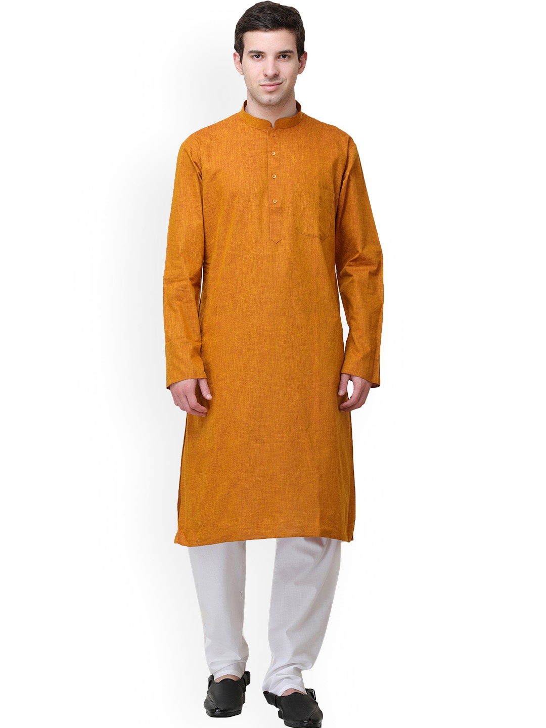 

Exotic India Mandarin Collar Long Sleeves Linen Kurta with Pyjamas, Orange