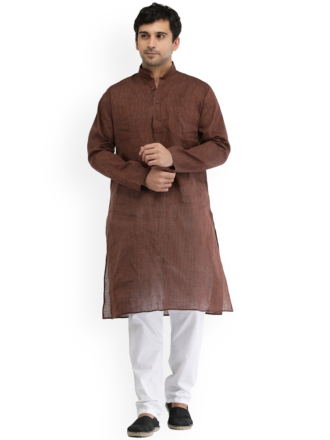 

Exotic India Mohagany Pure Cotton Casual Kurta Pajama Set with Woven Stripes, Brown