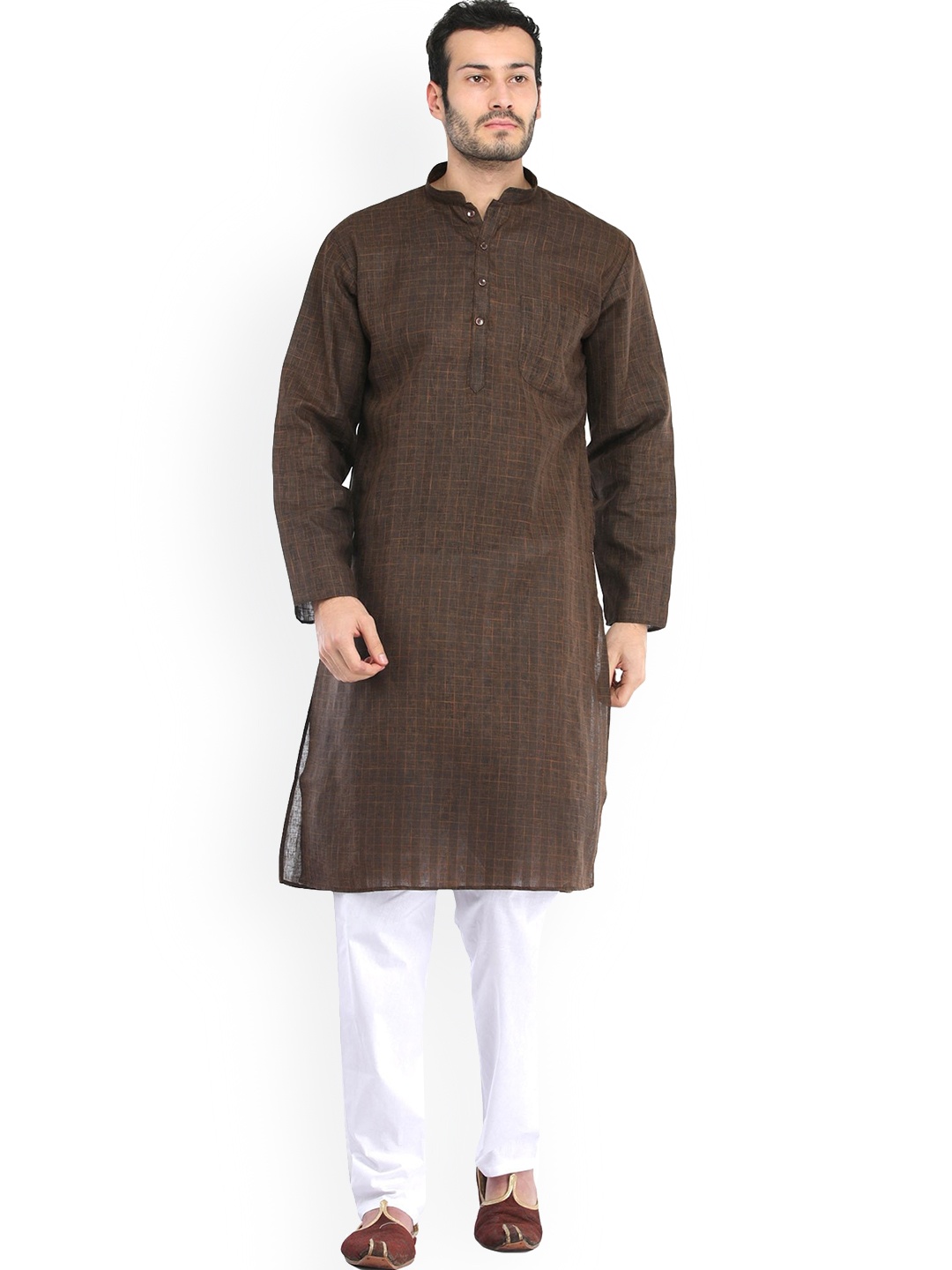 

Exotic India Pure Cotton Acorn Brown Kurta Pyjama with Woven Checks