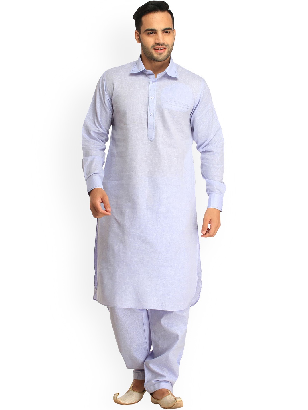 

Exotic India Heather Blue Pastel Plain Pathani Kurta Shalwar Set with Front Pocket