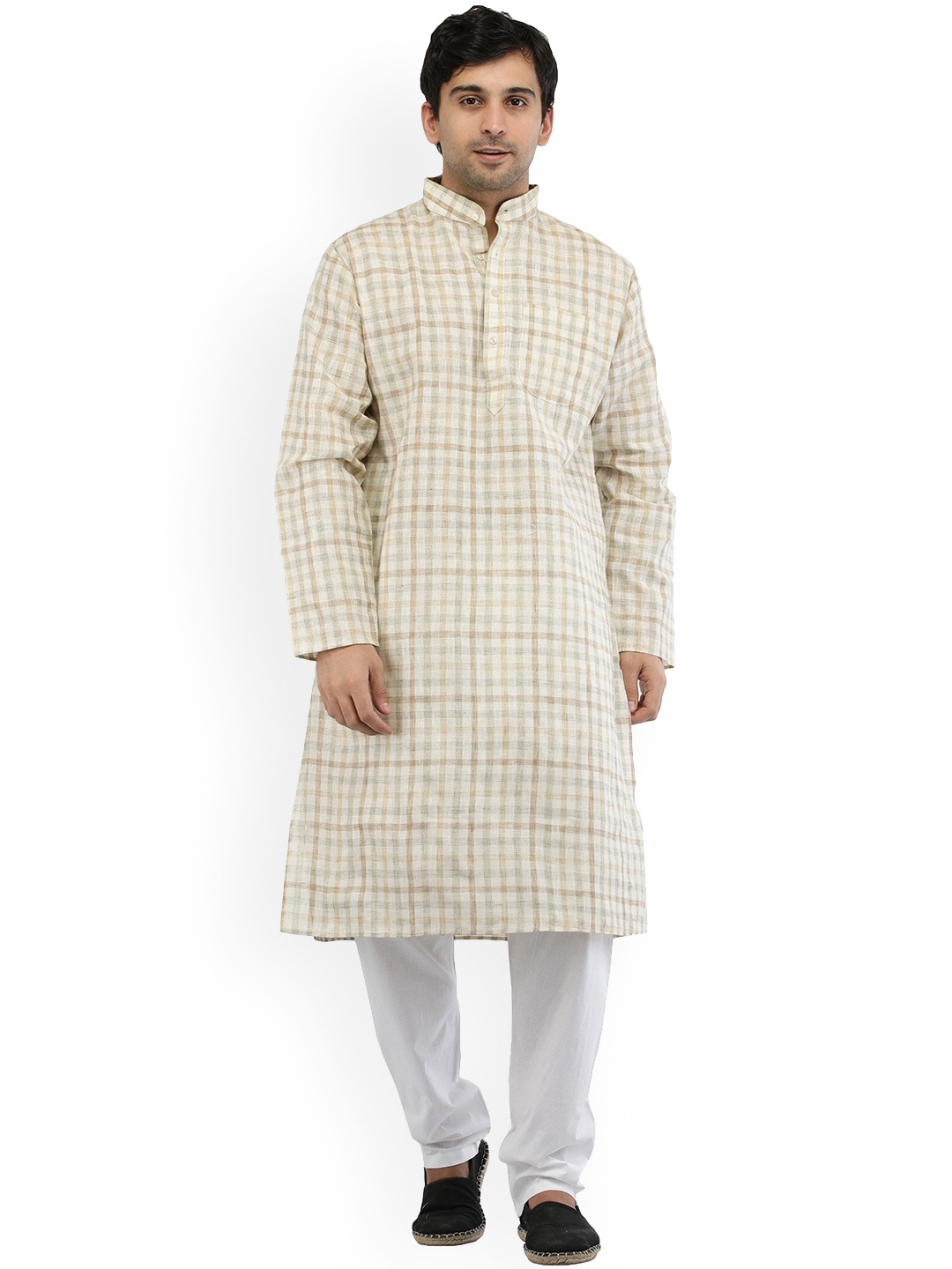 

Exotic India Men Regular Pure Cotton Kurta with Pyjamas, Cream