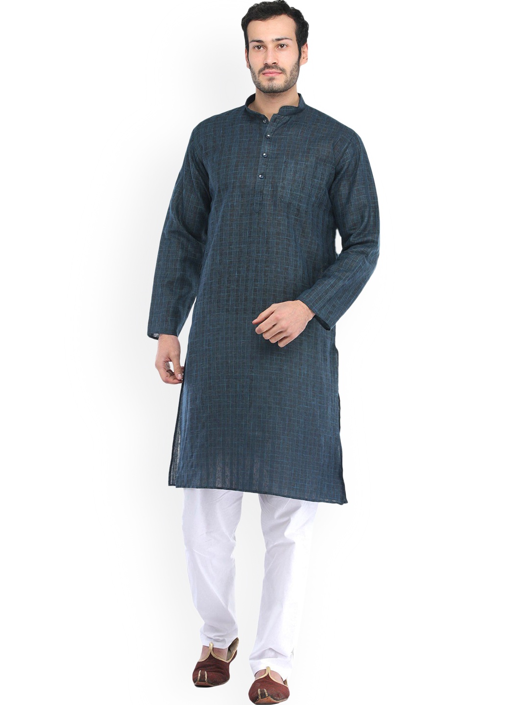 

Exotic India Men Pure Cotton Kurta Pajama with Woven Checks, Blue