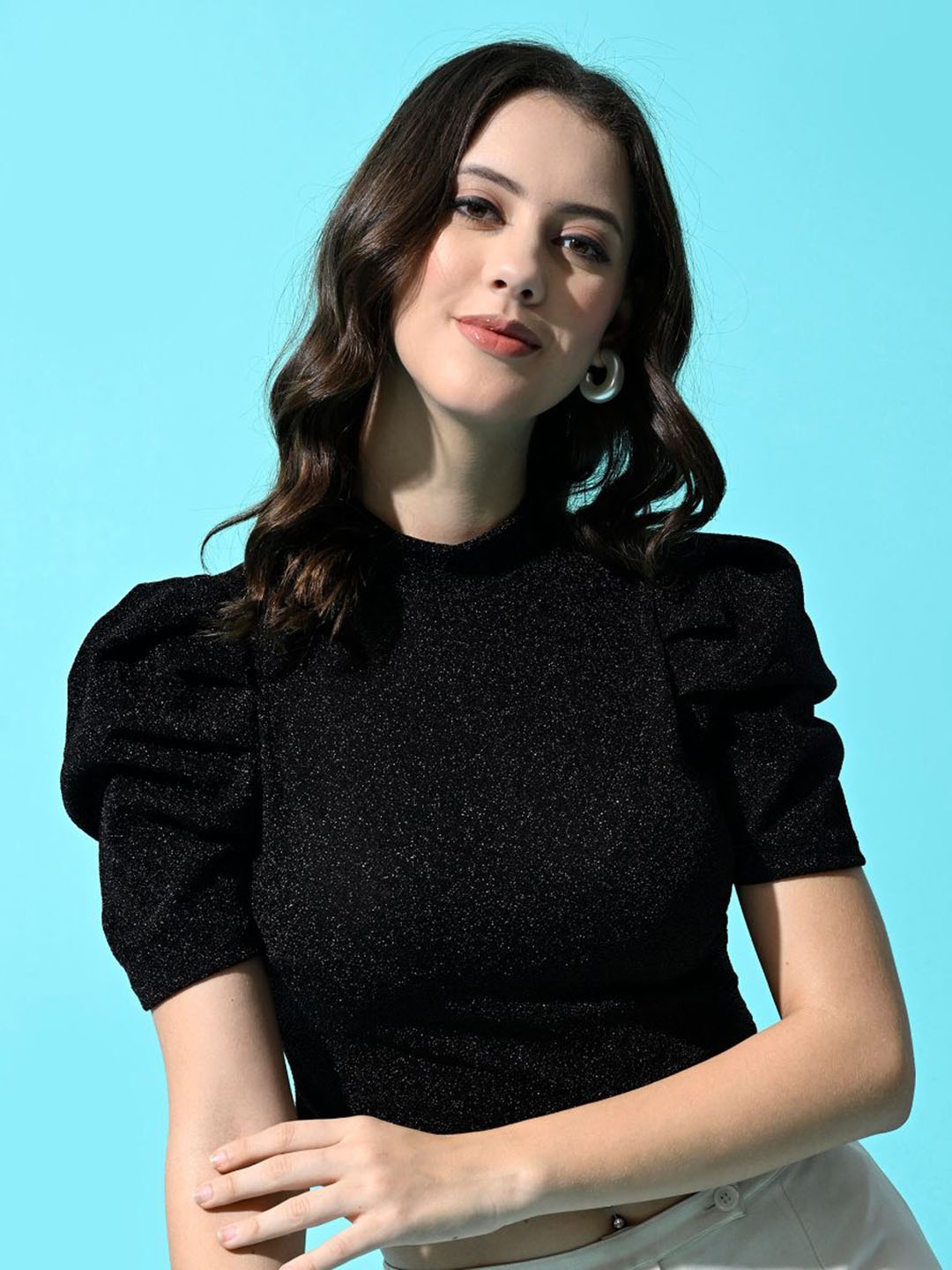 

Moshe Puff Sleeve Crop Top, Black