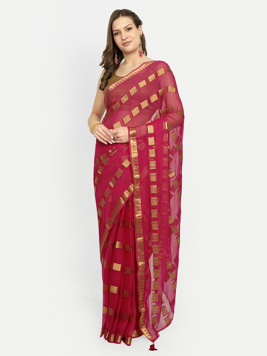 

Rhey Beads and Stones Pure Chiffon Saree, Pink