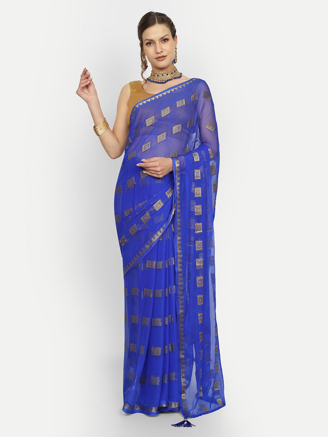 

Rhey Beads and Stones Pure Chiffon Saree, Blue
