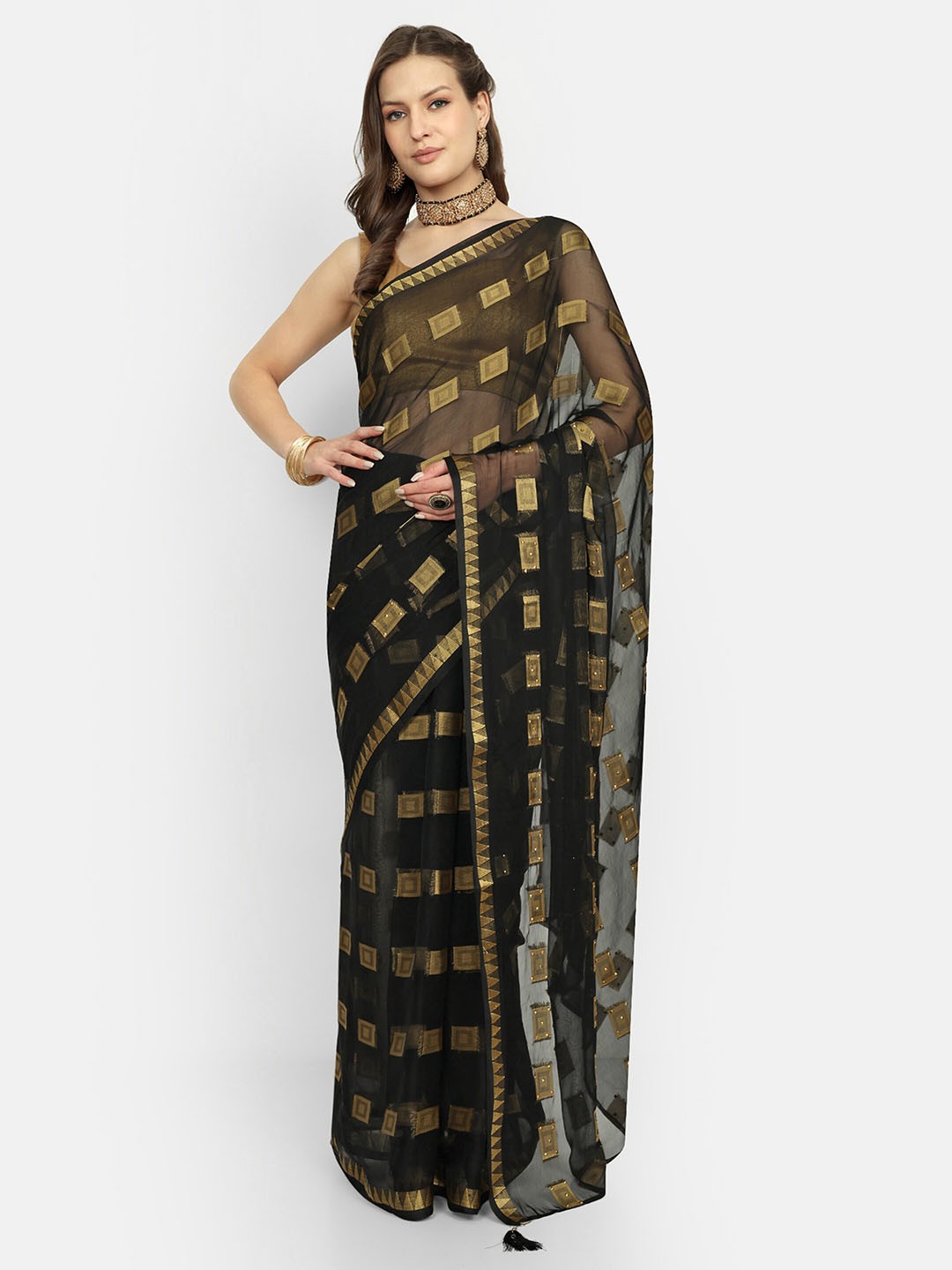 

Rhey Beads and Stones Pure Chiffon Saree With Blouse Piece, Black