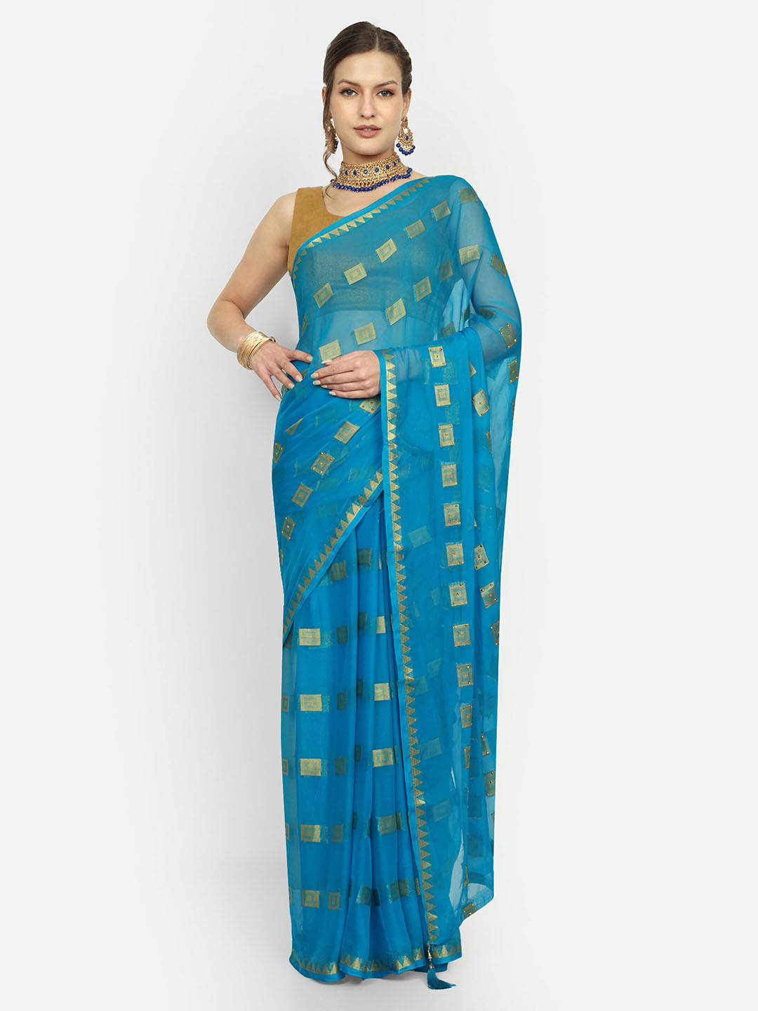 

Rhey Beads and Stones Pure Chiffon Saree, Turquoise blue