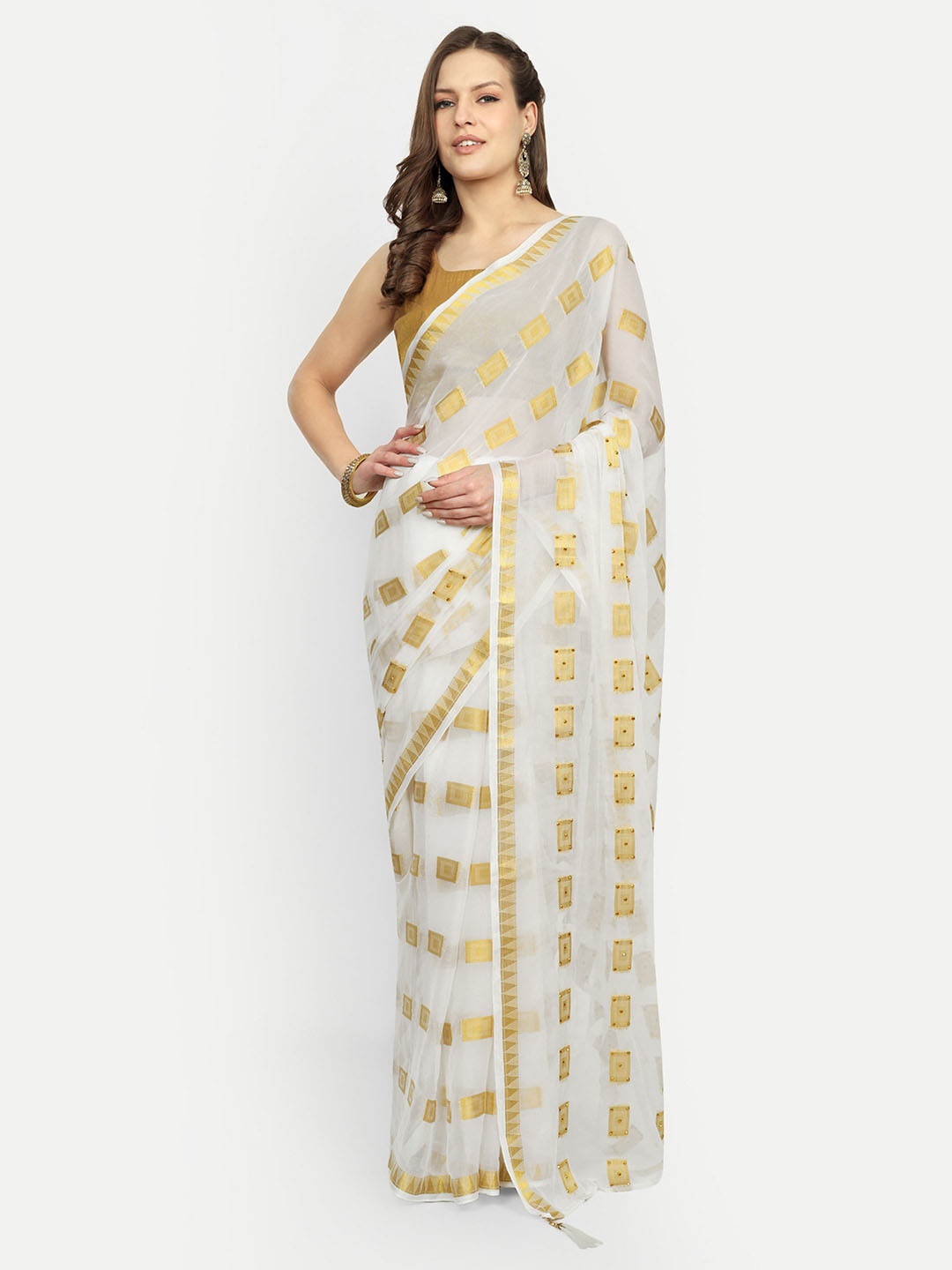 

Rhey Ethnic Motifs Beads and Stones Pure Chiffon Saree, White