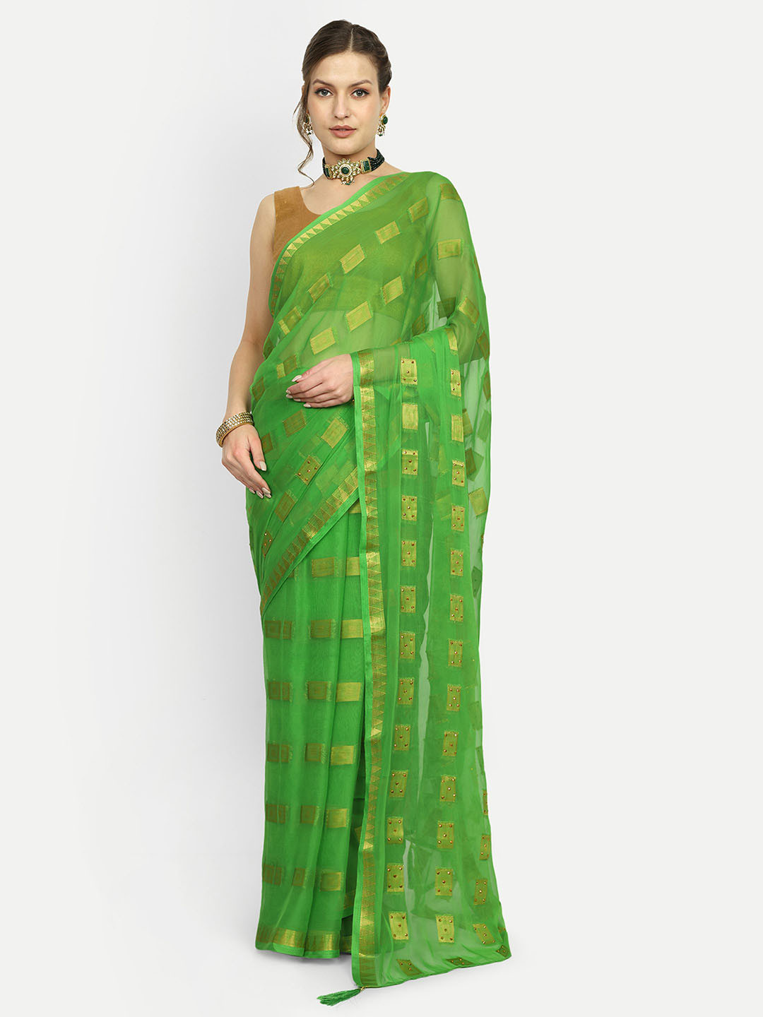 

Rhey Beads and Stones Pure Chiffon Saree, Green