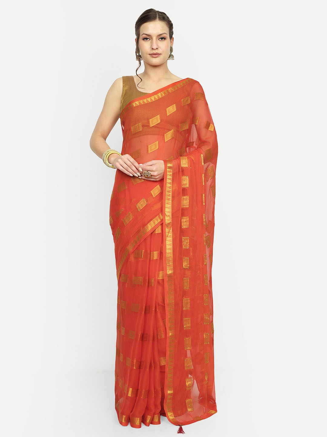 

Rhey Geometric Woven Design Pure Chiffon Saree, Orange