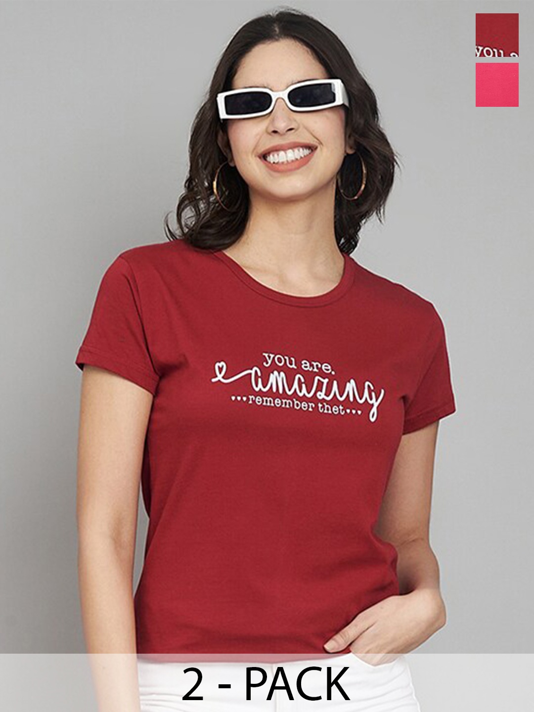 

Trend Level Women Set Of 2 Typography Printed T-shirt, Maroon