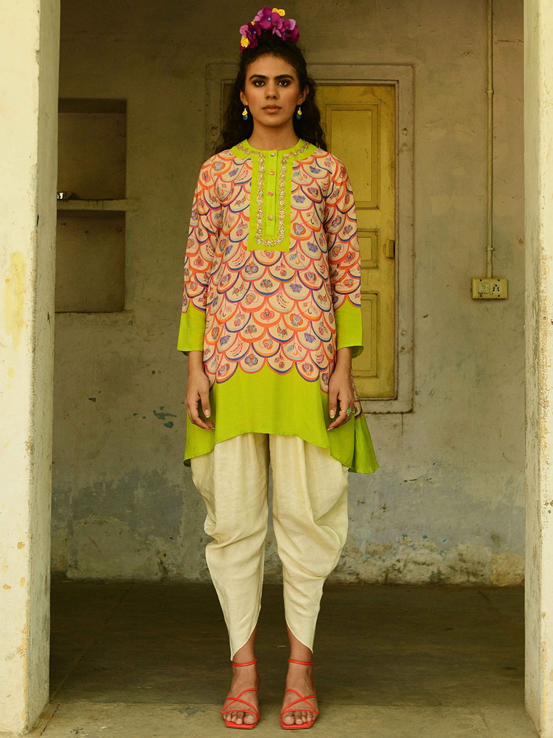 

SWATI VIJAIVARGIE Ethnic Motifs Printed Beads and Stones Pure Silk Top & Dhoti Pants, Lime green