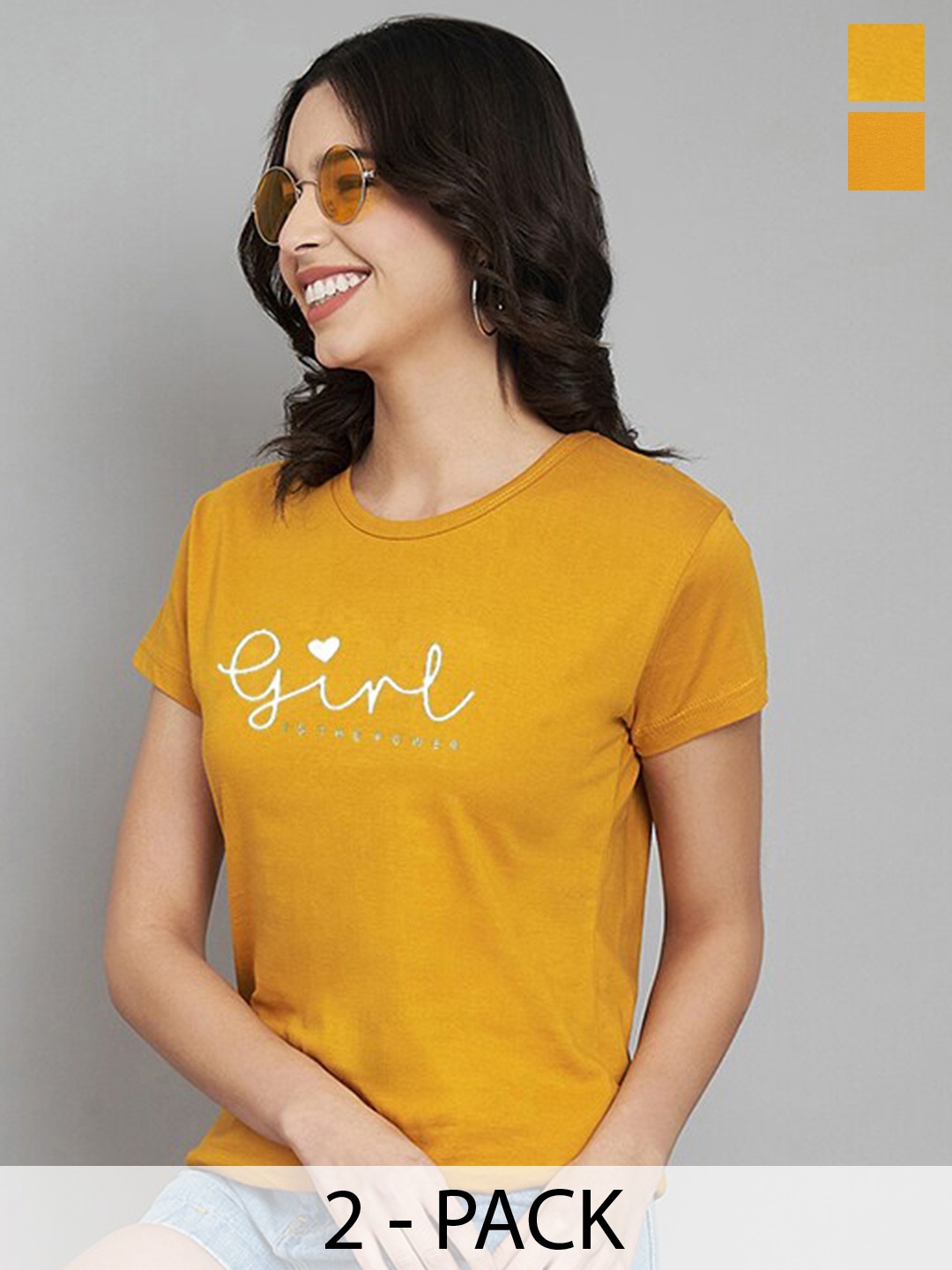 Trend Level Women Set Of 2 Typography Printed T-shirt, Mustard