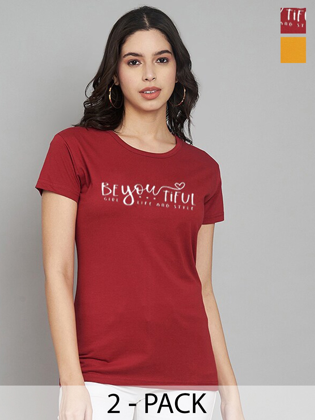 

Trend Level Women Set Of 2Typography Printed T-shirt, Mustard