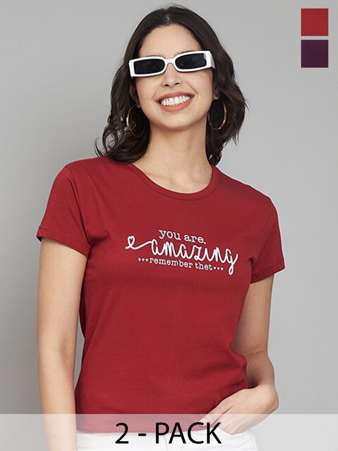 Trend Level Women Set Of 2 Typography Printed T-shirt, Maroon