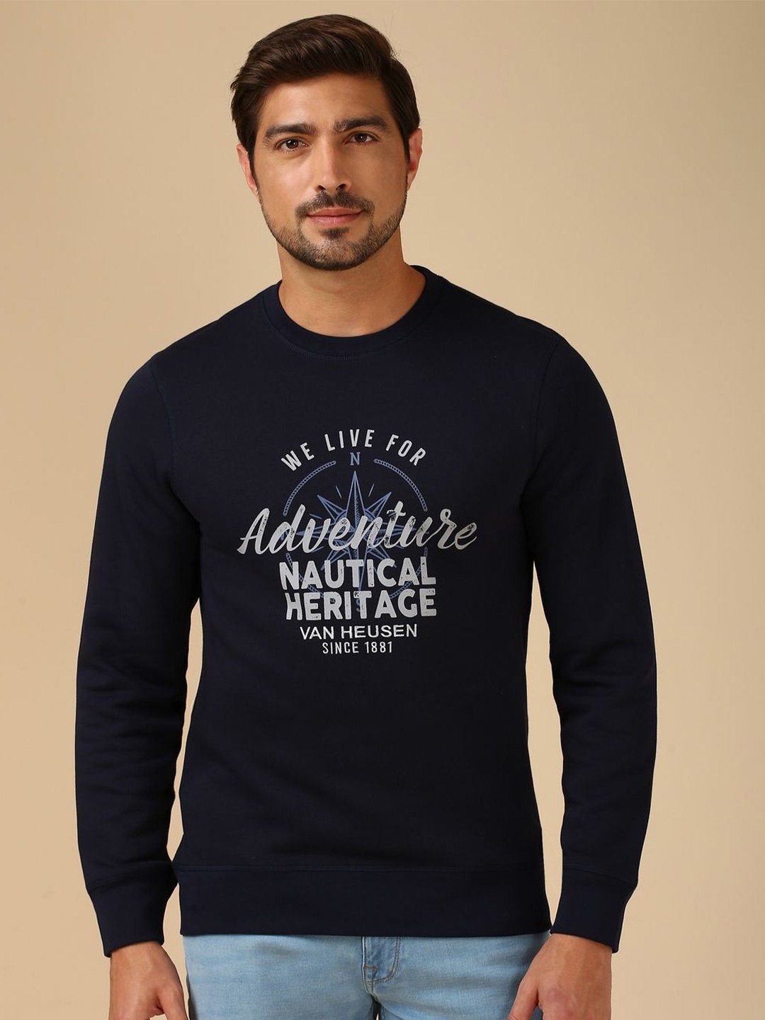 

Van Heusen Typography Printed Round Neck Cotton Pullover Sweatshirt, Navy blue