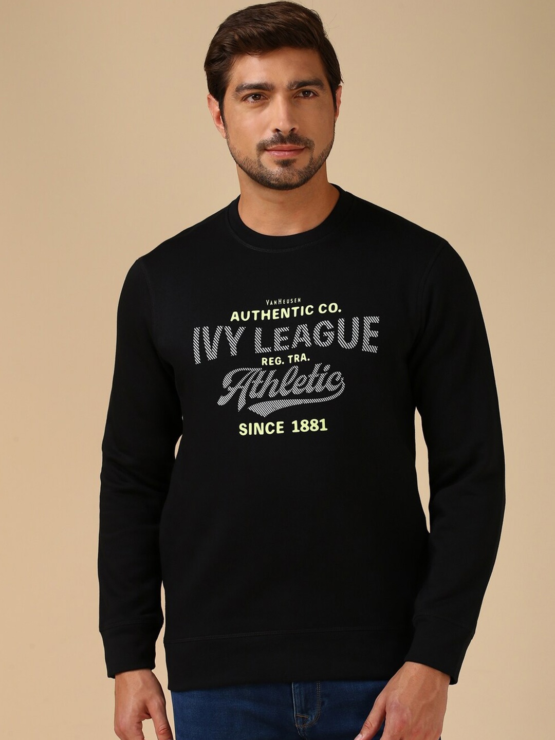 

Van Heusen Typography Printed Round Neck Cotton Pullover Sweatshirt, Black