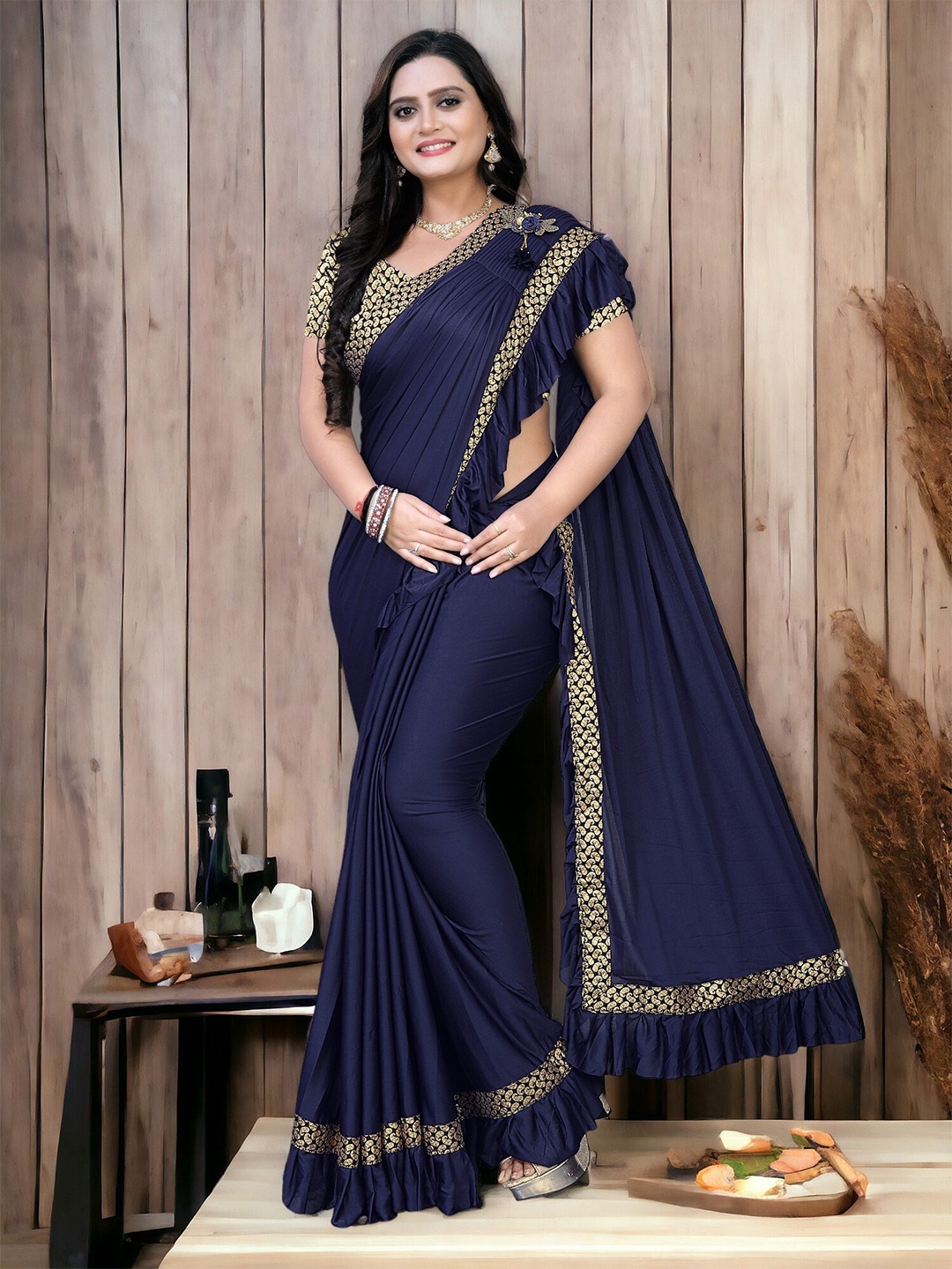 

CARTYSHOP Ready to Wear Saree, Navy blue
