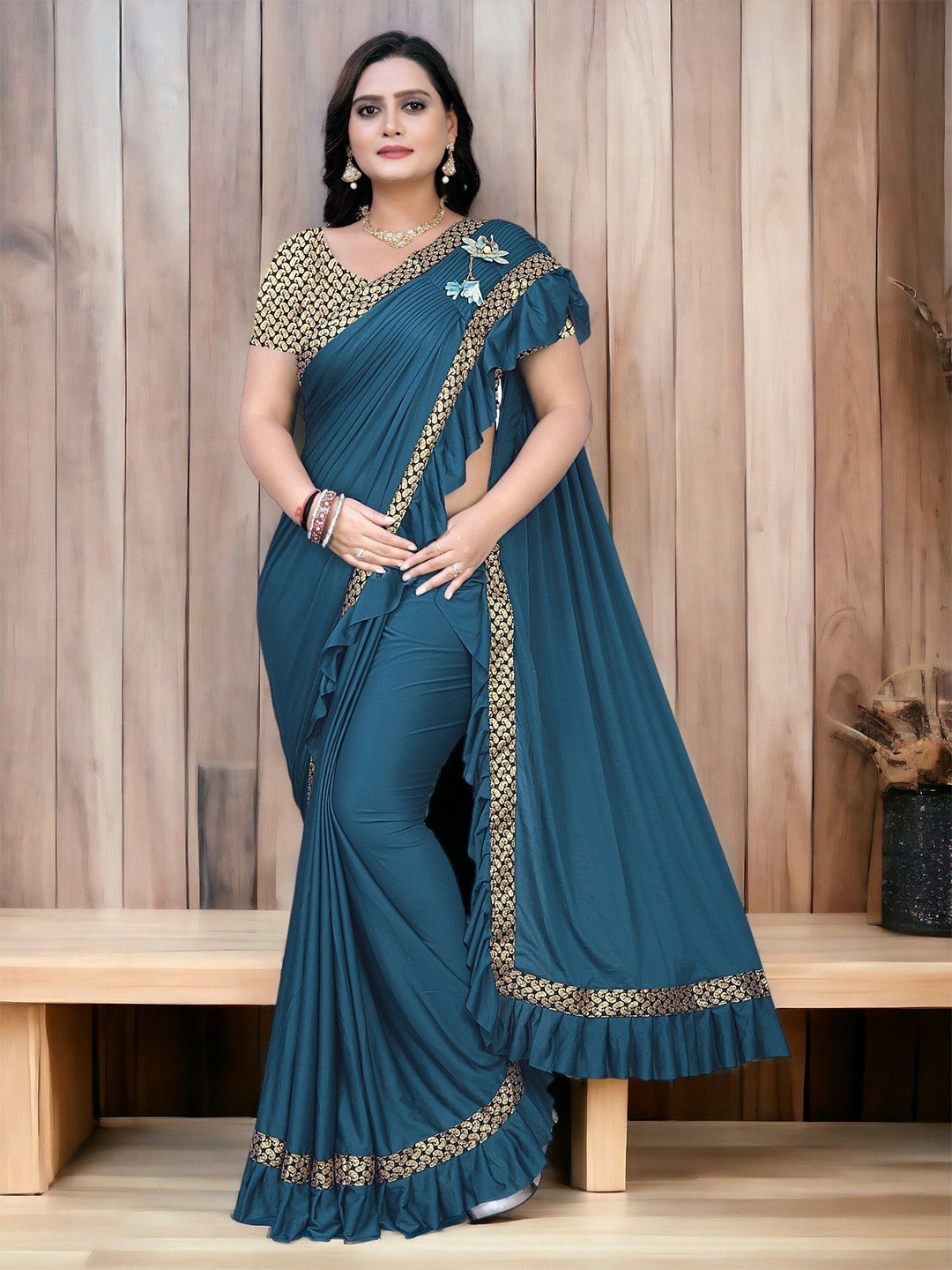 

CARTYSHOP Lycra Ruffles Saree, Blue
