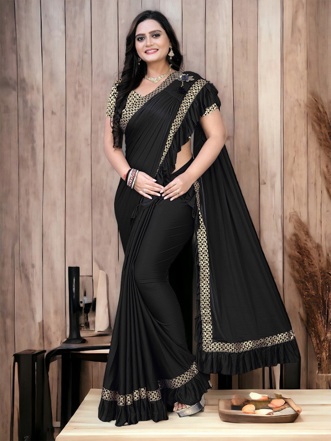 

CARTYSHOP Solid Lycra Saree, Black