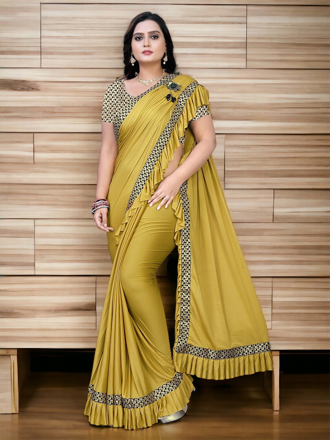 CARTYSHOP Ready to Wear Saree With Blouse Piece, Mustard