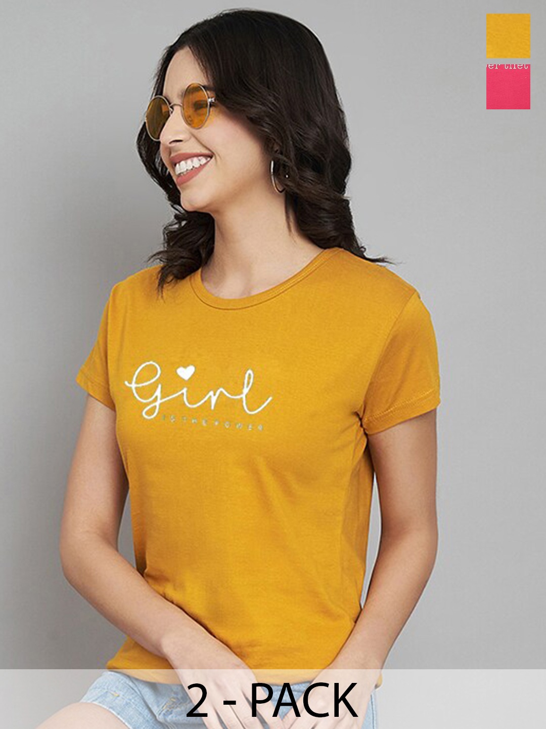 Trend Level Women Set Of 2 Typography Printed T-shirt, Magenta