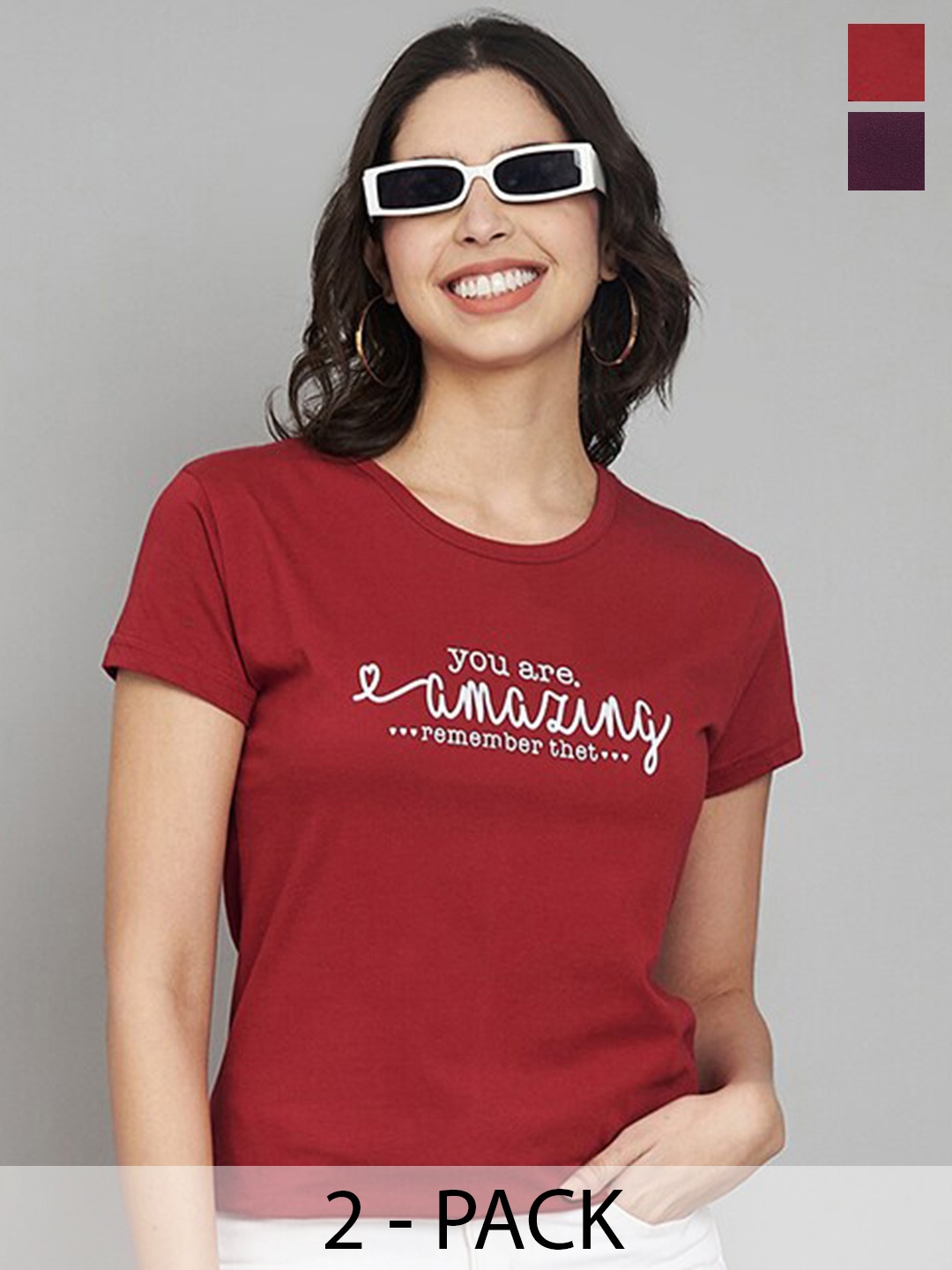 

Trend Level Women Set Of 2 Typography Printed T-shirt, Burgundy