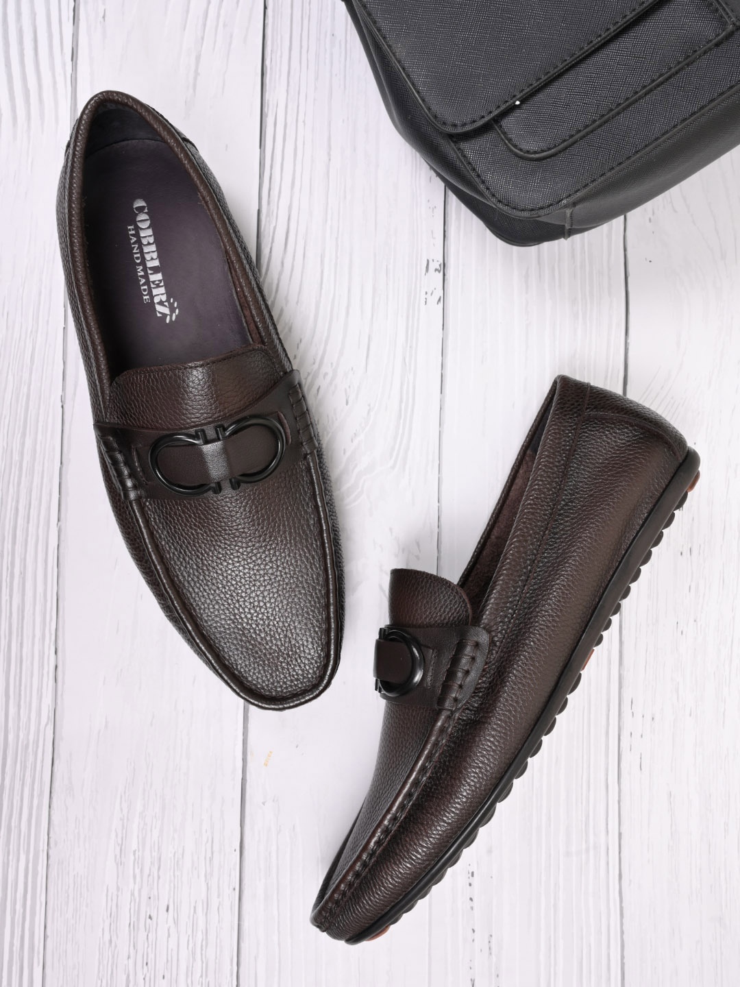 

Cobblerz Men Textured Leather Loafers, Coffee brown