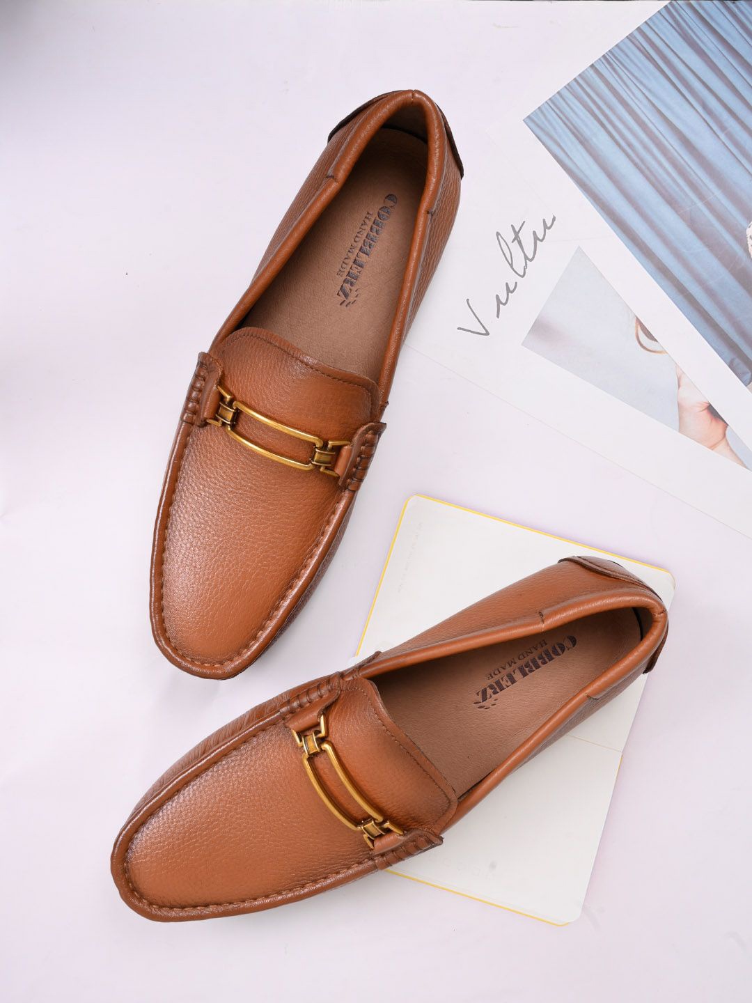

Cobblerz Men Textured Leather Loafers, Tan