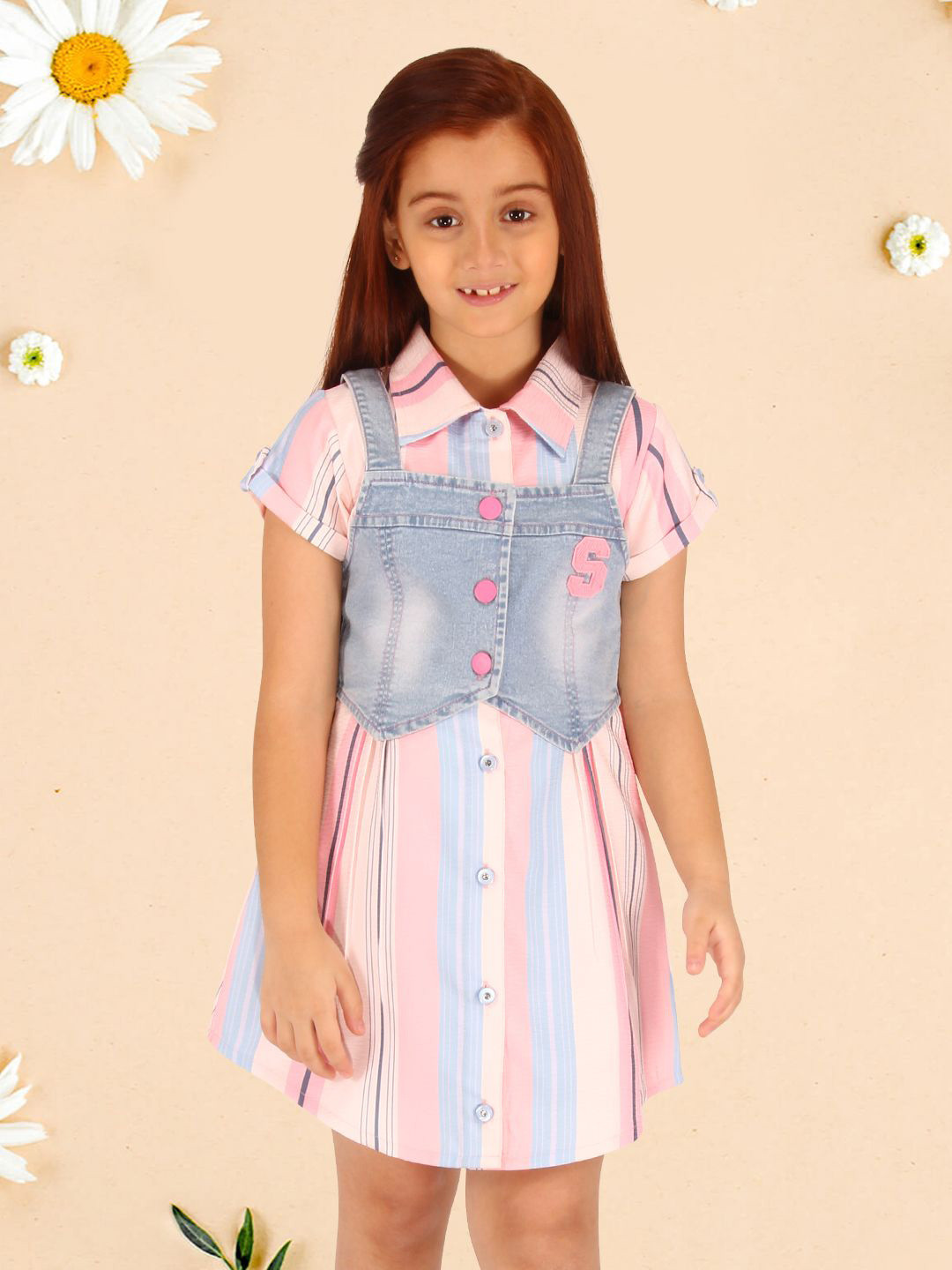 

CUTECUMBER Girls Striped Applique Denim Fit & Flare Dress, Blue