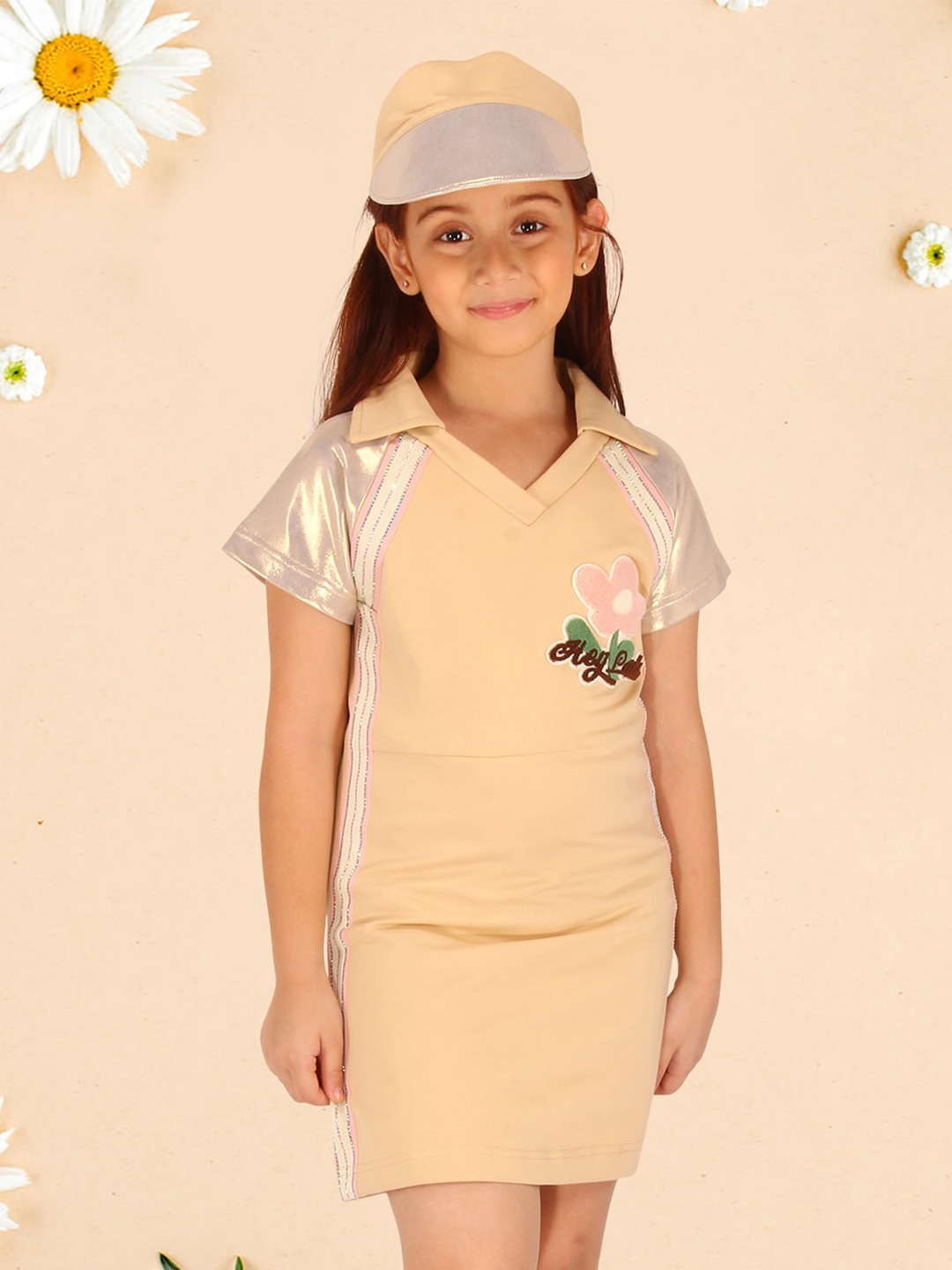 

CUTECUMBER Girls Shirt Collar Applique T-shirt Dress, Beige