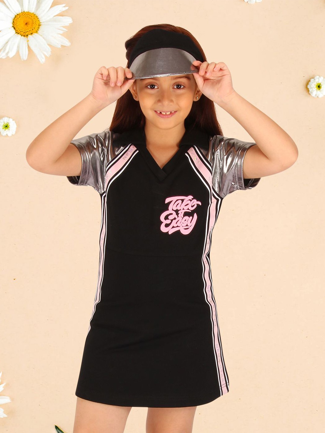 

CUTECUMBER Girls Shirt Collar Applique T-shirt Dress, Black
