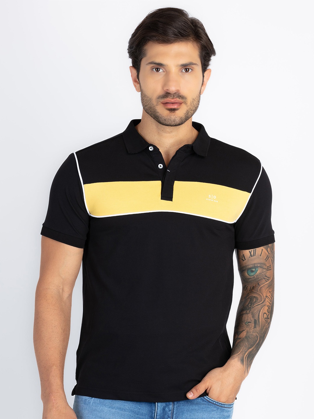 

Status Quo Men Colourblocked Polo Collar T-shirt, Black