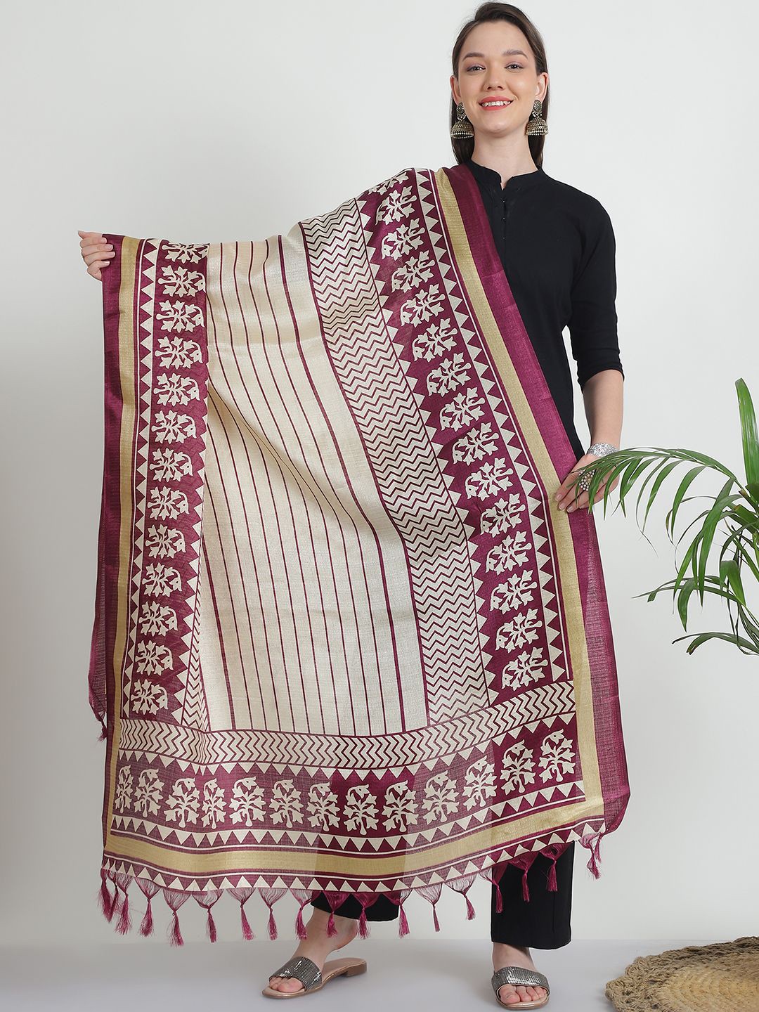 

LOOM LEGACY Striped Printed Tasselled Dupatta, Purple