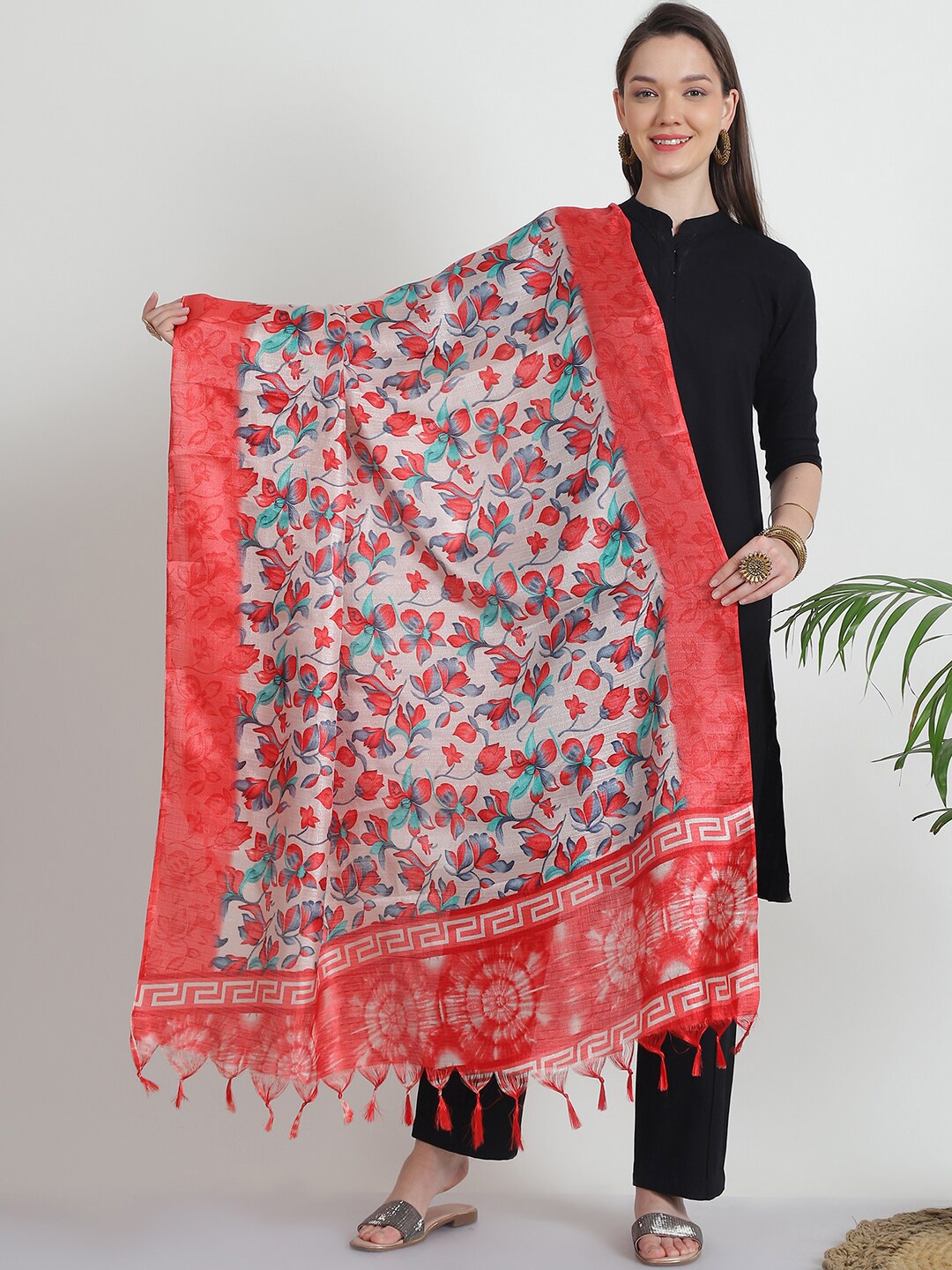 

LOOM LEGACY Floral Printed Tasselled Dupatta, Red