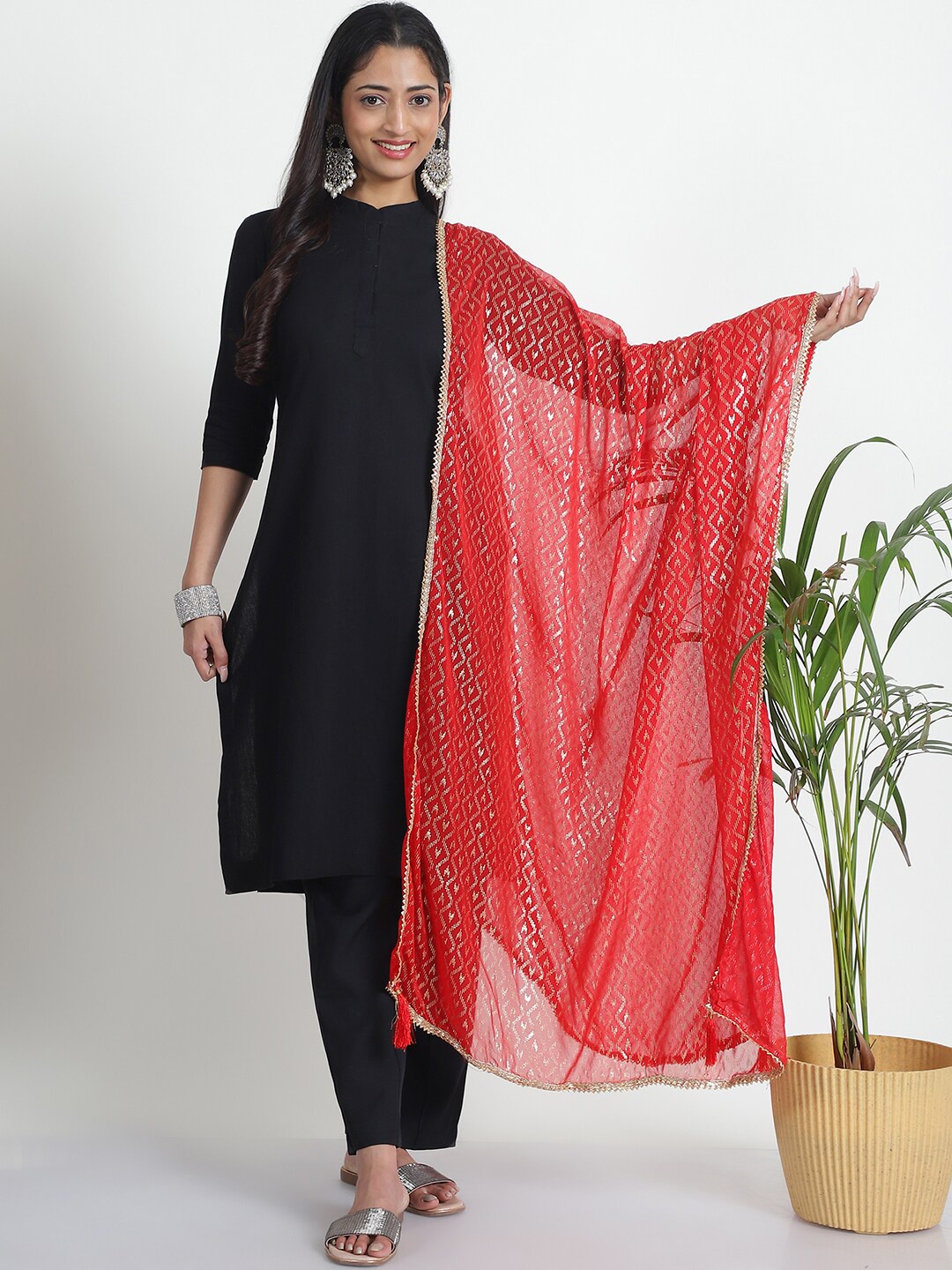 

LOOM LEGACY Women's Printed Zari Dupatta, Red
