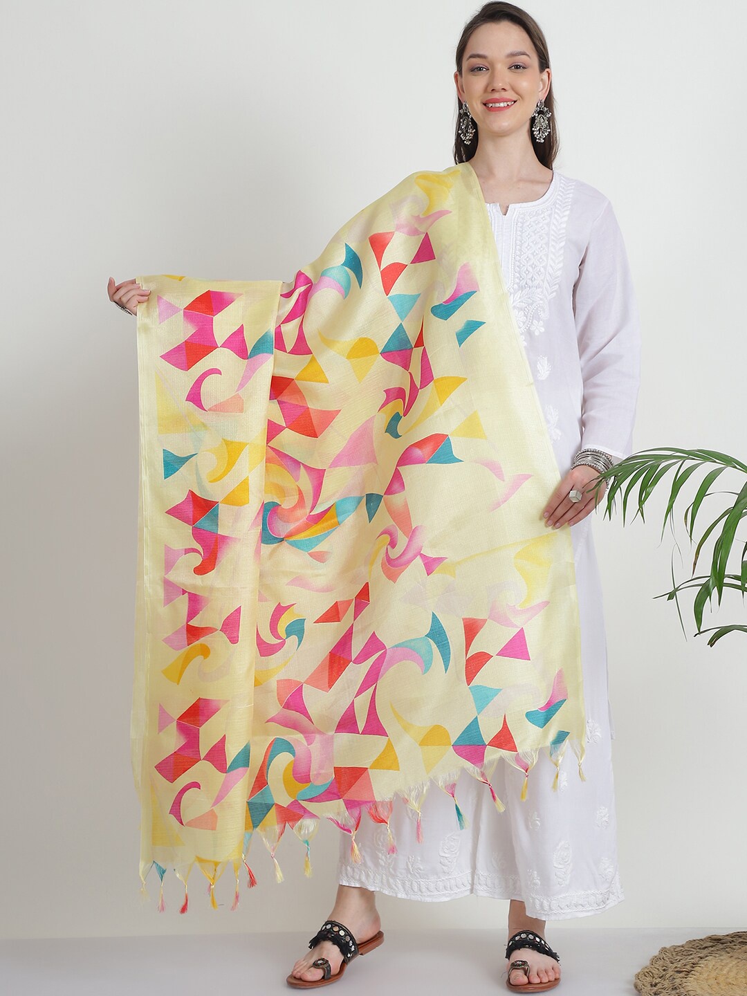 

LOOM LEGACY Abstract Printed Tasselled Dupatta, Yellow