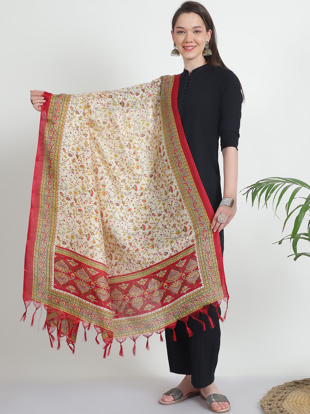 

LOOM LEGACY Printed Tasselled Dupatta, White