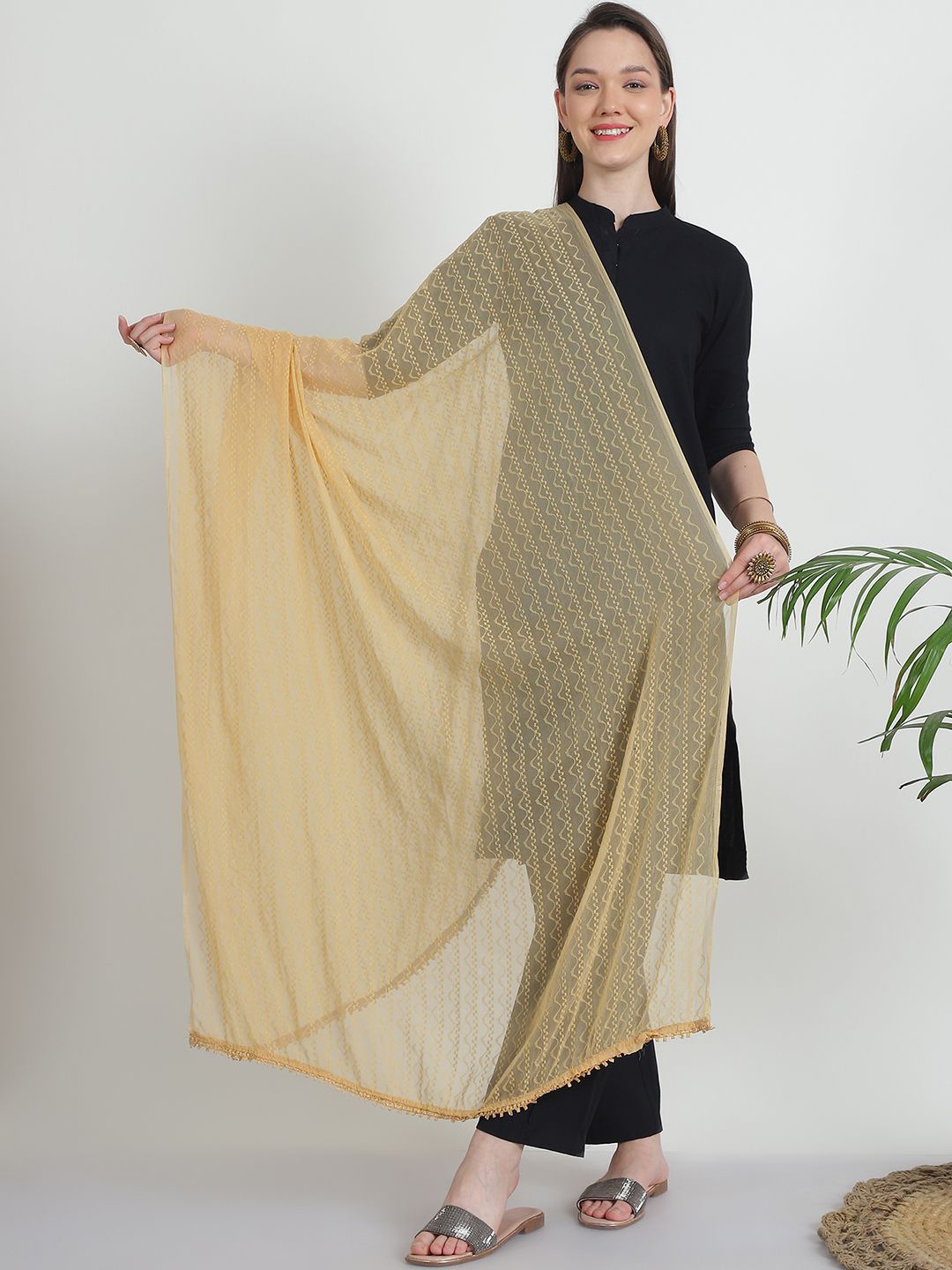 

LOOM LEGACY Embroidered Chiffon Dupatta with Thread Work, Gold