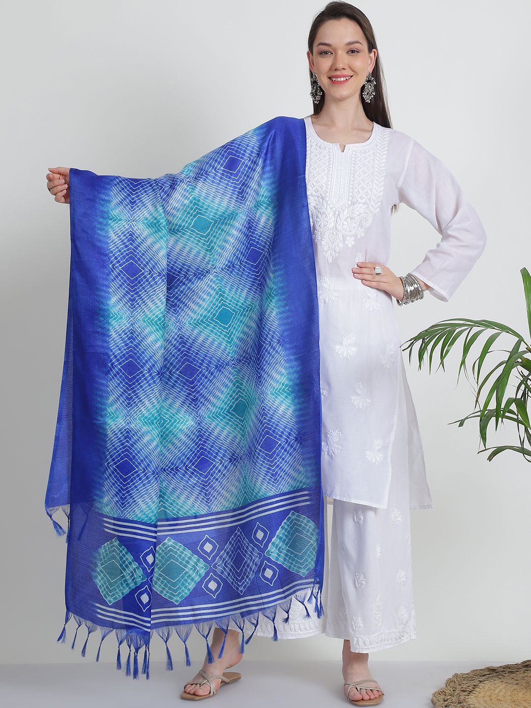 

LOOM LEGACY Printed Tasselled Dupatta, Blue