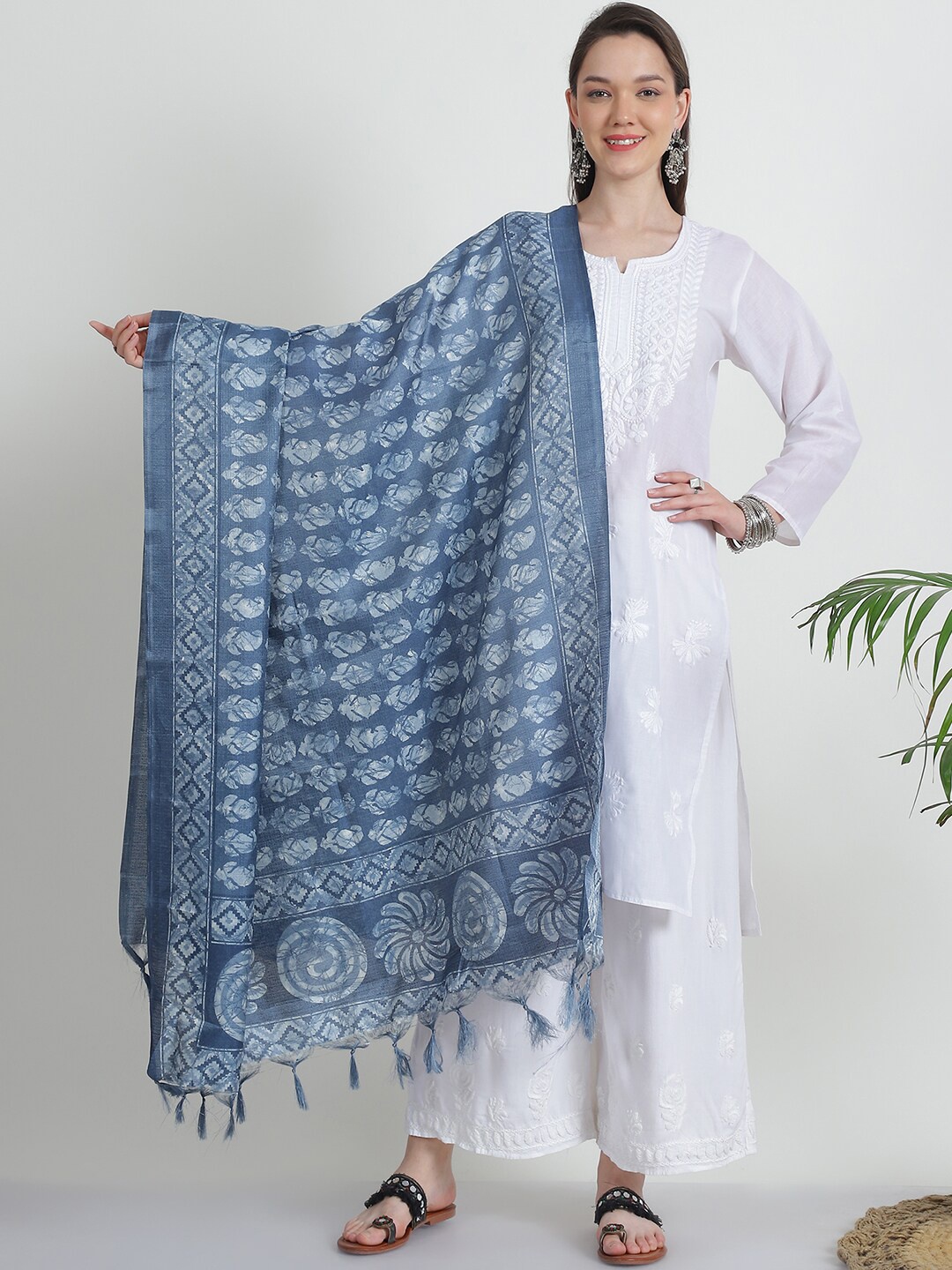 

LOOM LEGACY Block Ethnic Motifs Printed Tasselled Dupatta, Blue