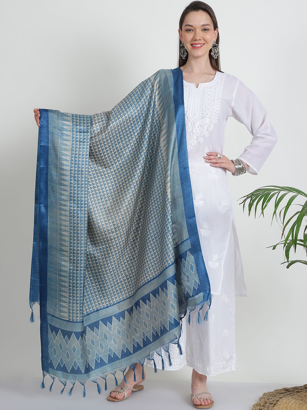 

LOOM LEGACY Geometric Printed Tasselled Dupatta, Turquoise blue