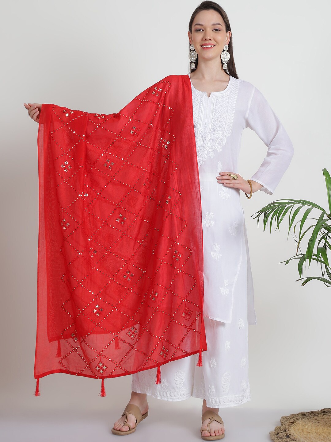 

LOOM LEGACY Women's Sequinned Embroidered Dupatta, Red