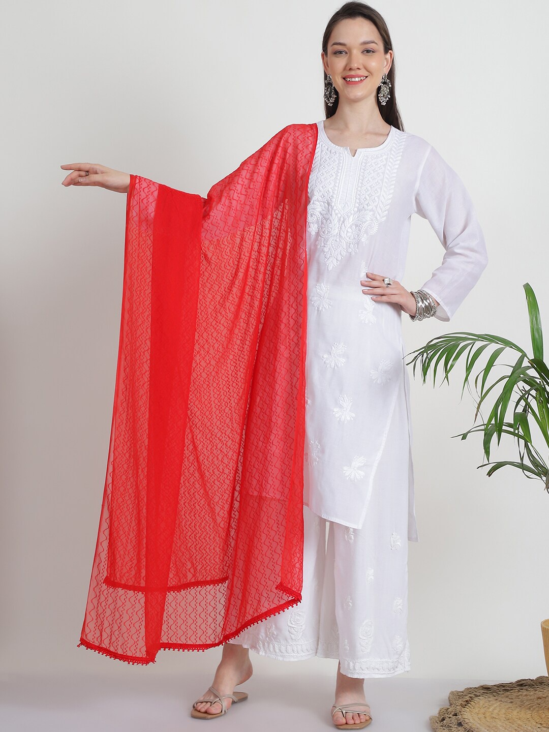 

LOOM LEGACY Embroidered Chiffon Thread Work Woven Design Dupatta, Red