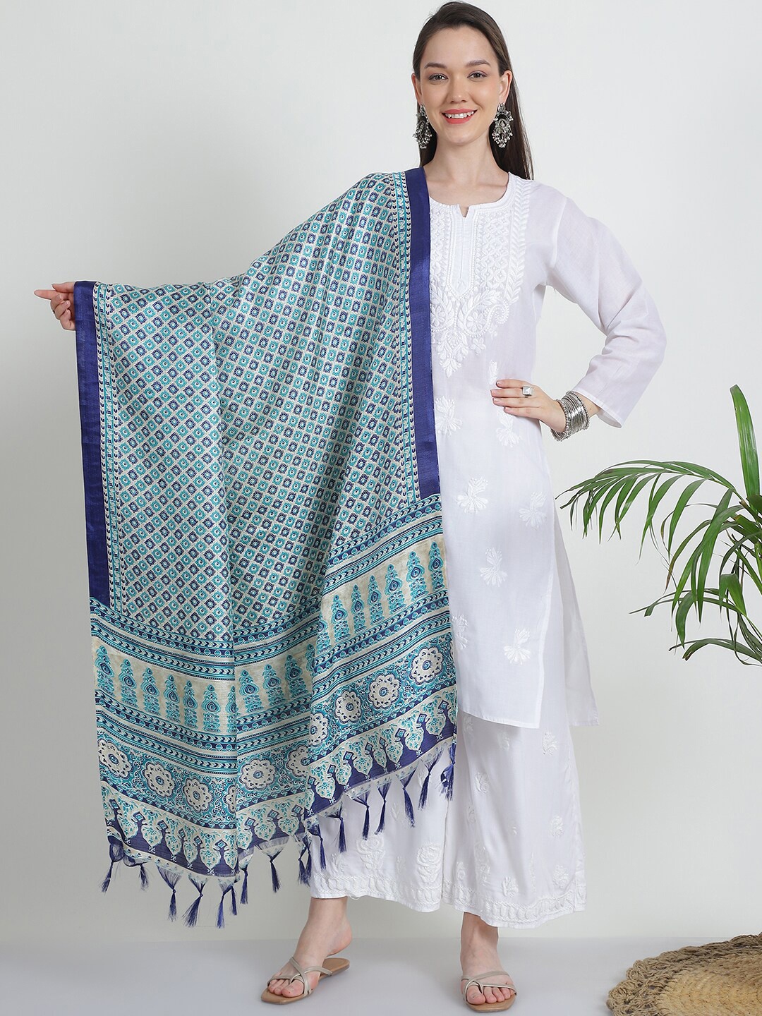 

LOOM LEGACY Ethnic Motifs Printed Tasselled Dupatta, Turquoise blue