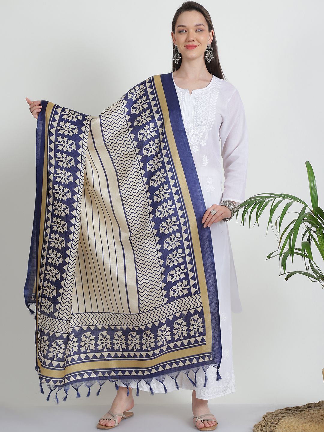 

LOOM LEGACY Ethnic Motifs Printed Tasselled Dupatta, Blue