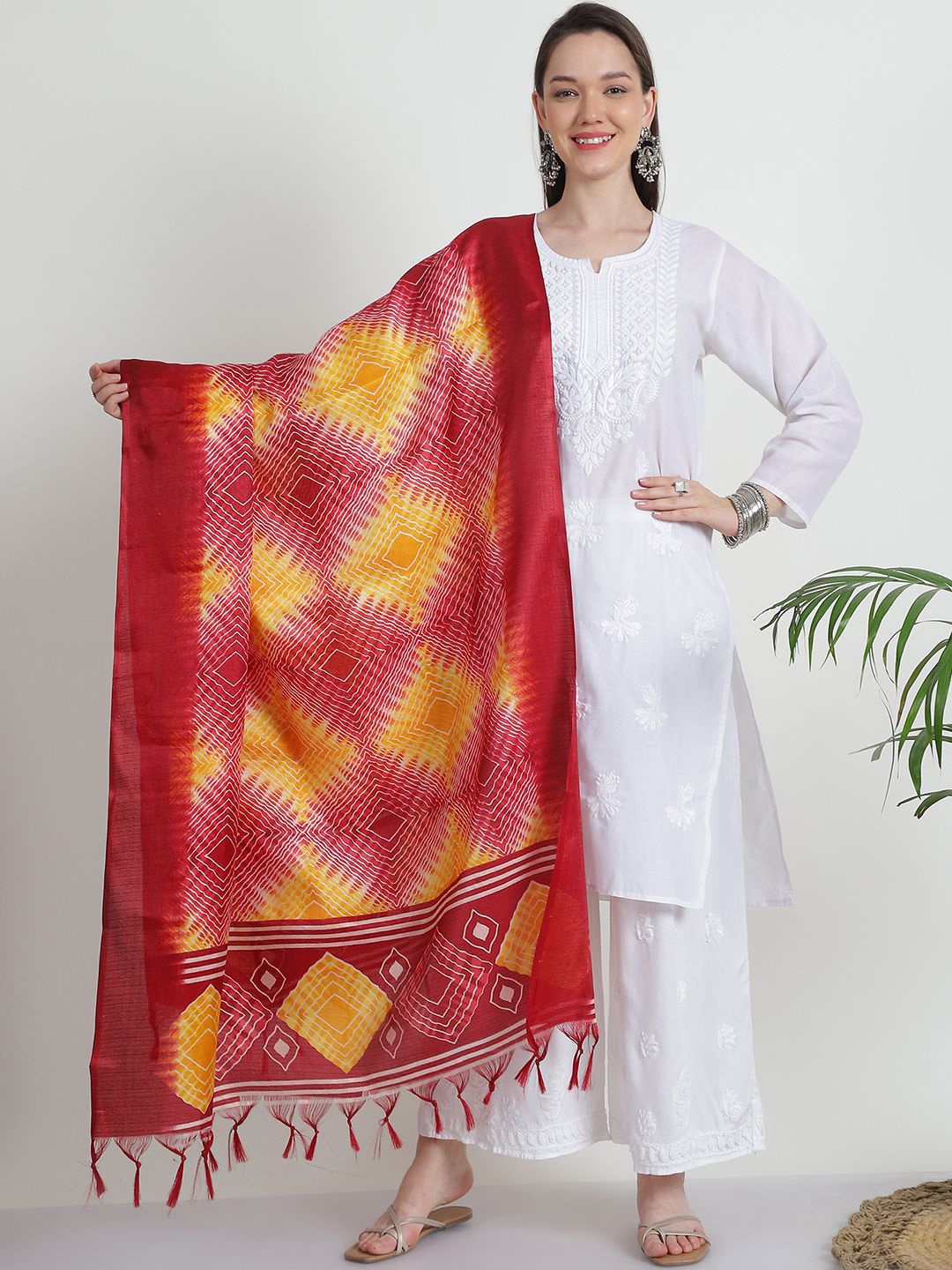 

LOOM LEGACY Ethnic Motifs Block Printed Tasselled Dupatta, Red