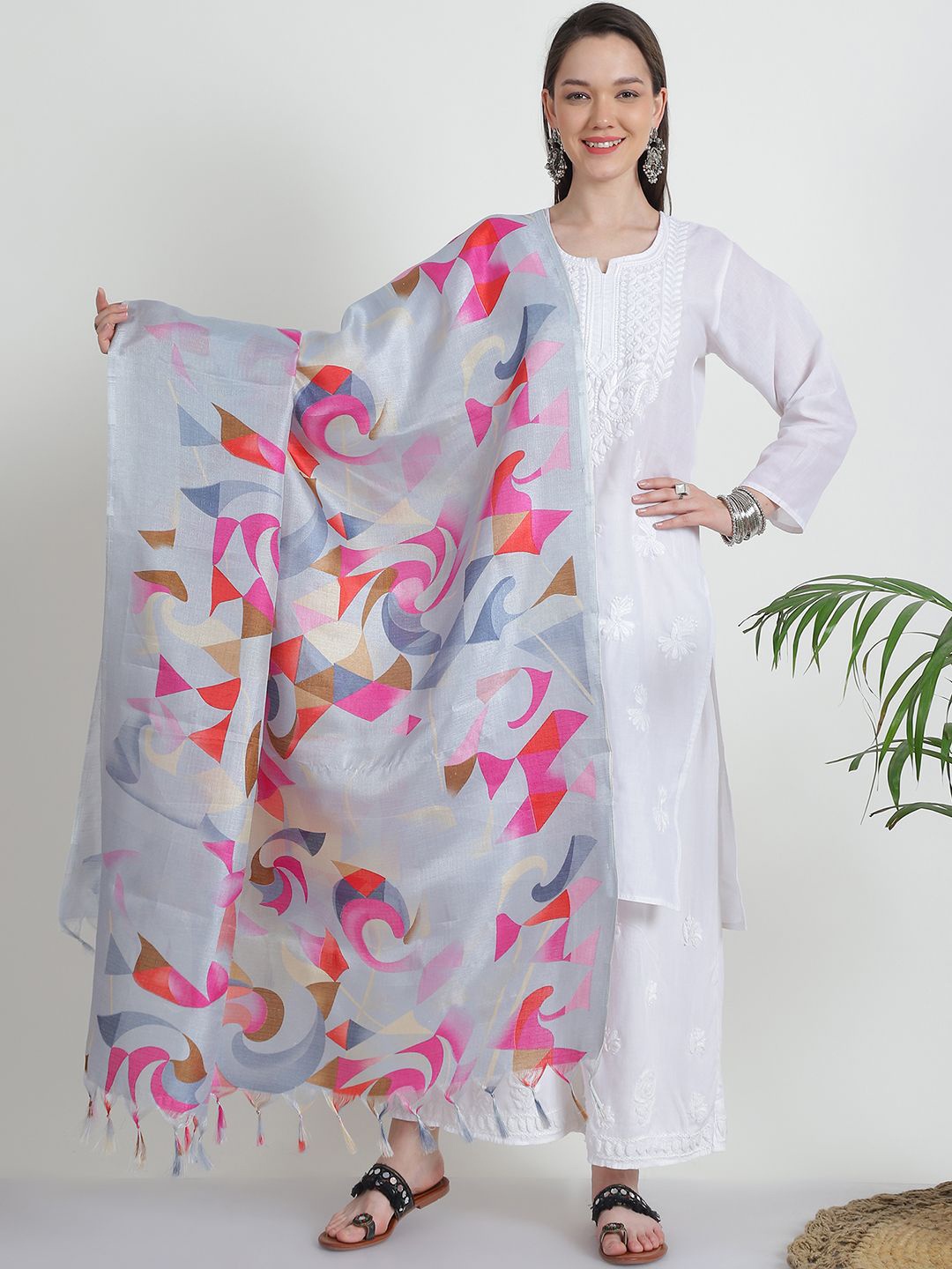 

LOOM LEGACY Abstract Printed Tasselled Dupatta, Grey